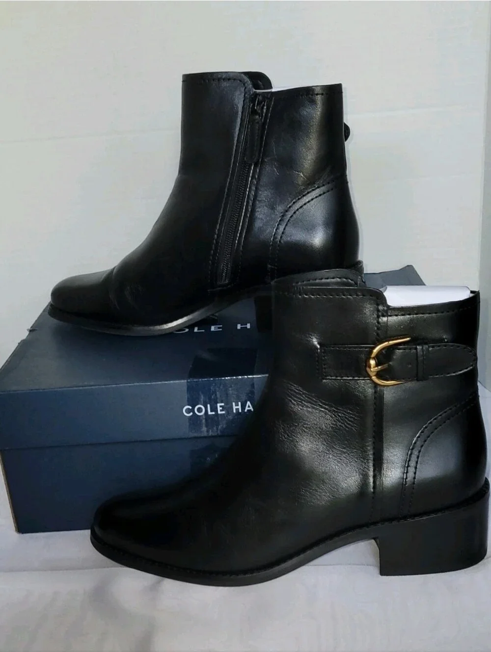 Cole Haan Women's Hanover Black Leather Ankle Boots with Gold Buckle